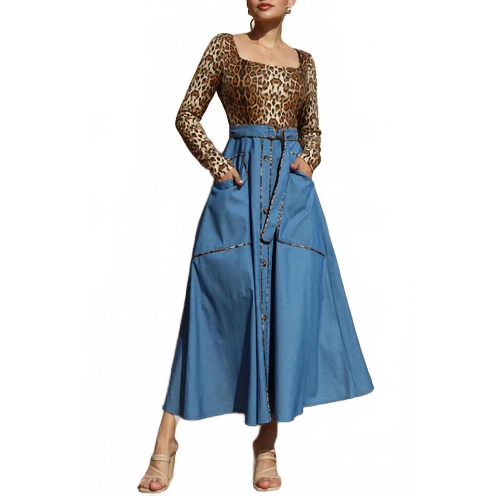 NEW DRESS DAY belted leopard knit top denim button up midi dress in multi